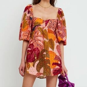 Kourt Robbie Mini Dress Cotton Eyelet Tropical Palm Print Puff Sleeves Coral XS